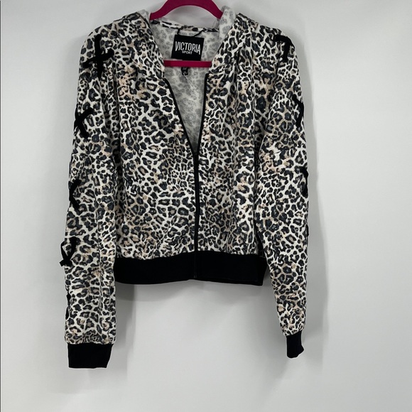 Victoria's Secret Tops - Victoria’s Secret Sport Cheetah Print Lace Up Sleeve Zip Up Sweatshirt Large